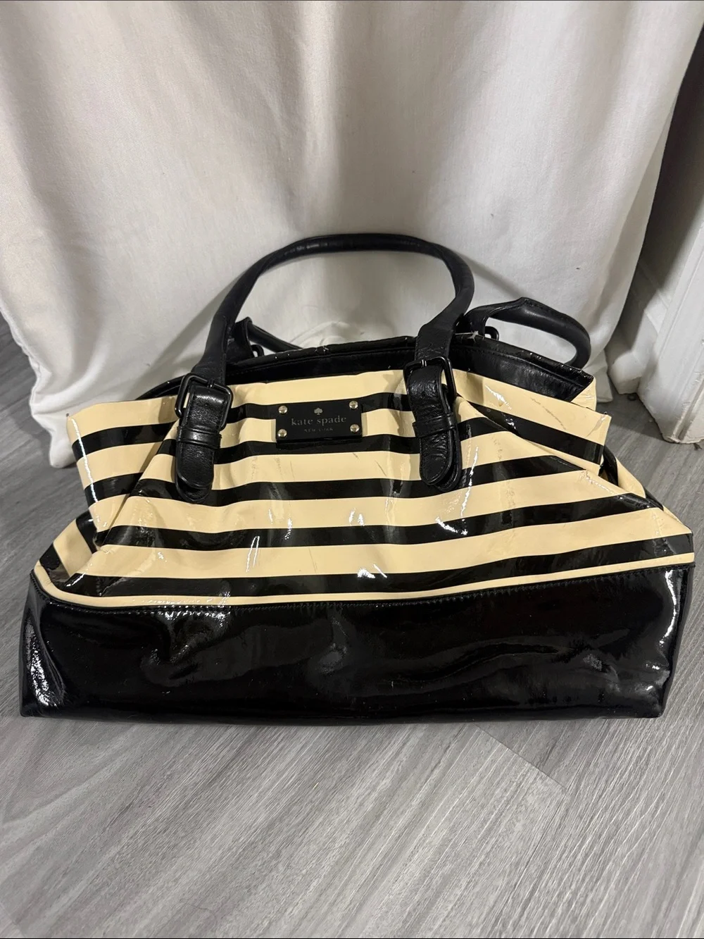 kate spade Black and Cream Striped Patent Satchel